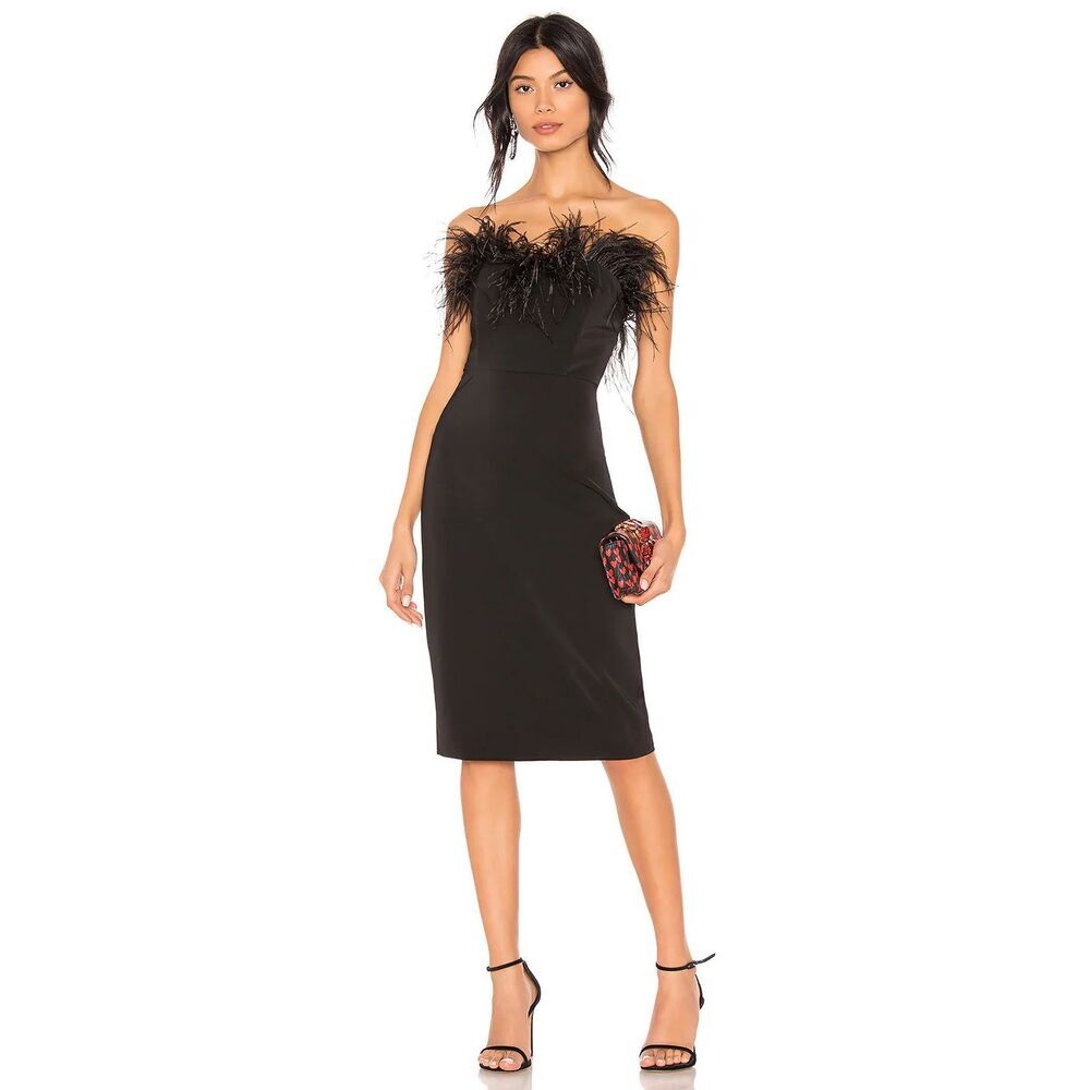 LPA Strapless Black Feather Trim Midi Dress XS Ostrich Feather Cocktail Party